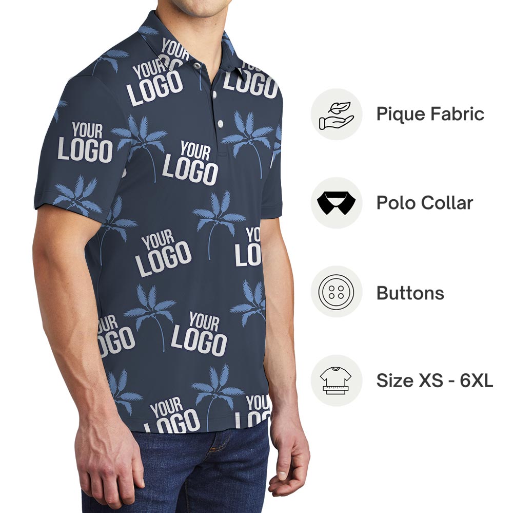 Navy Palm Trees Personalized Hawaiian Polo Shirt