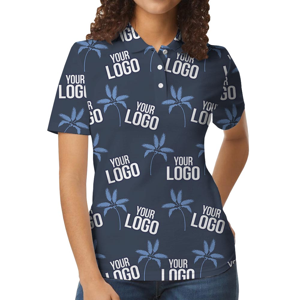 Navy Palm Trees Personalized Hawaiian Polo Shirt