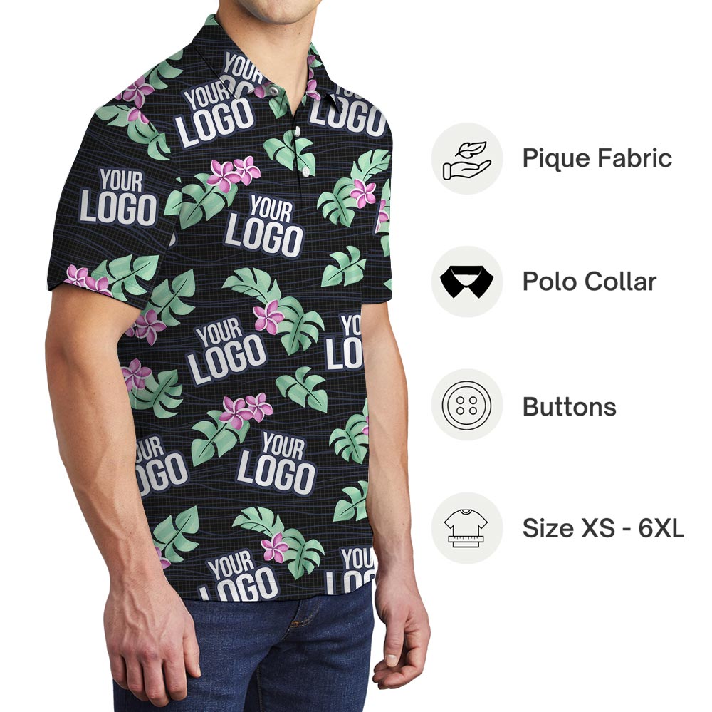 Custom Team Logo Black Tropical Polo Shirt