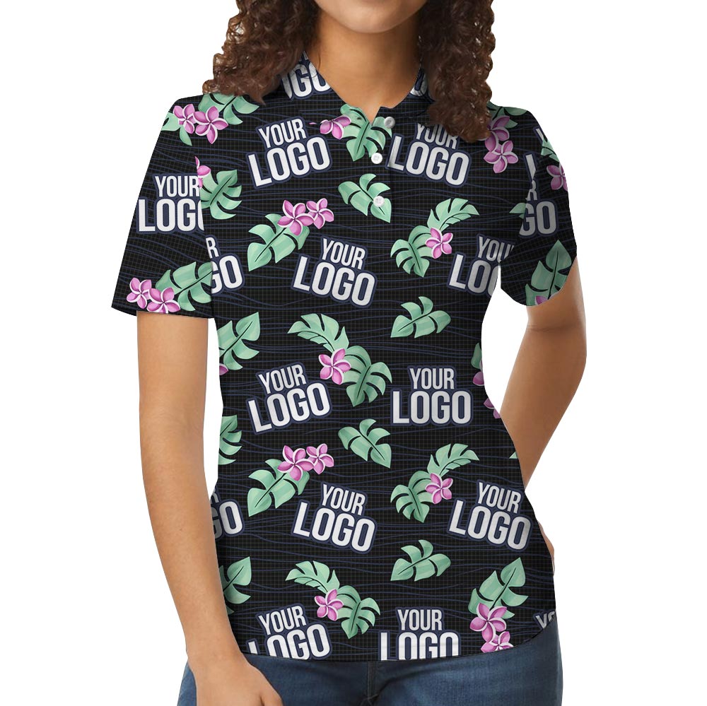 Custom Team Logo Black Tropical Polo Shirt