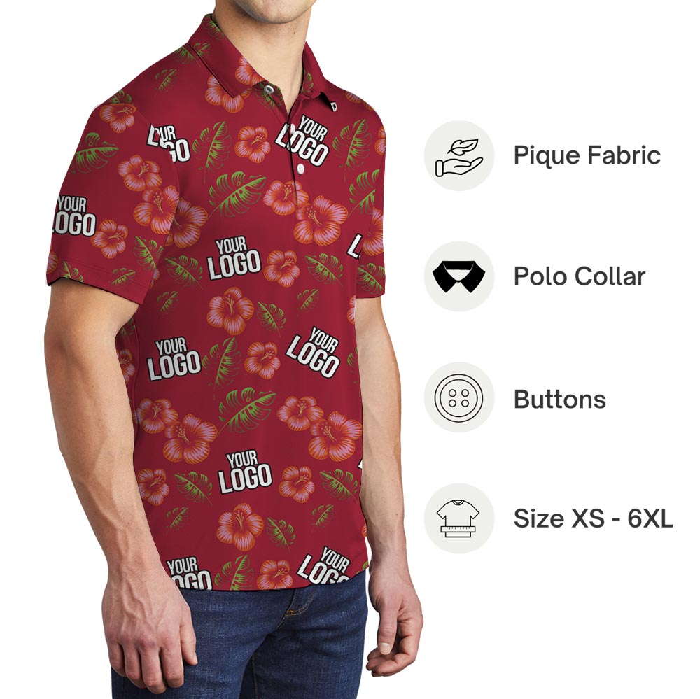 Custom Red Hibiscus Hawaiian Polo Shirt With Faces Or Logo