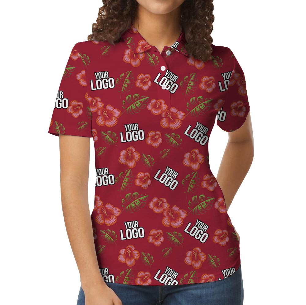 Custom Red Hibiscus Hawaiian Polo Shirt With Faces Or Logo