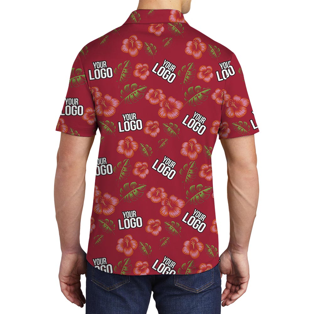 Custom Red Hibiscus Hawaiian Polo Shirt With Faces Or Logo