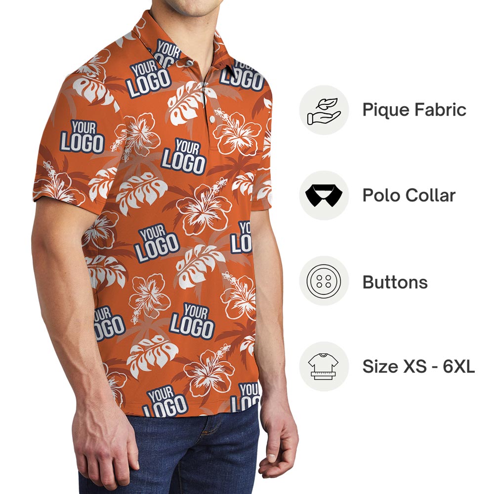 Orange Custom Logo Tropical Aloha Polo Golf Shirt