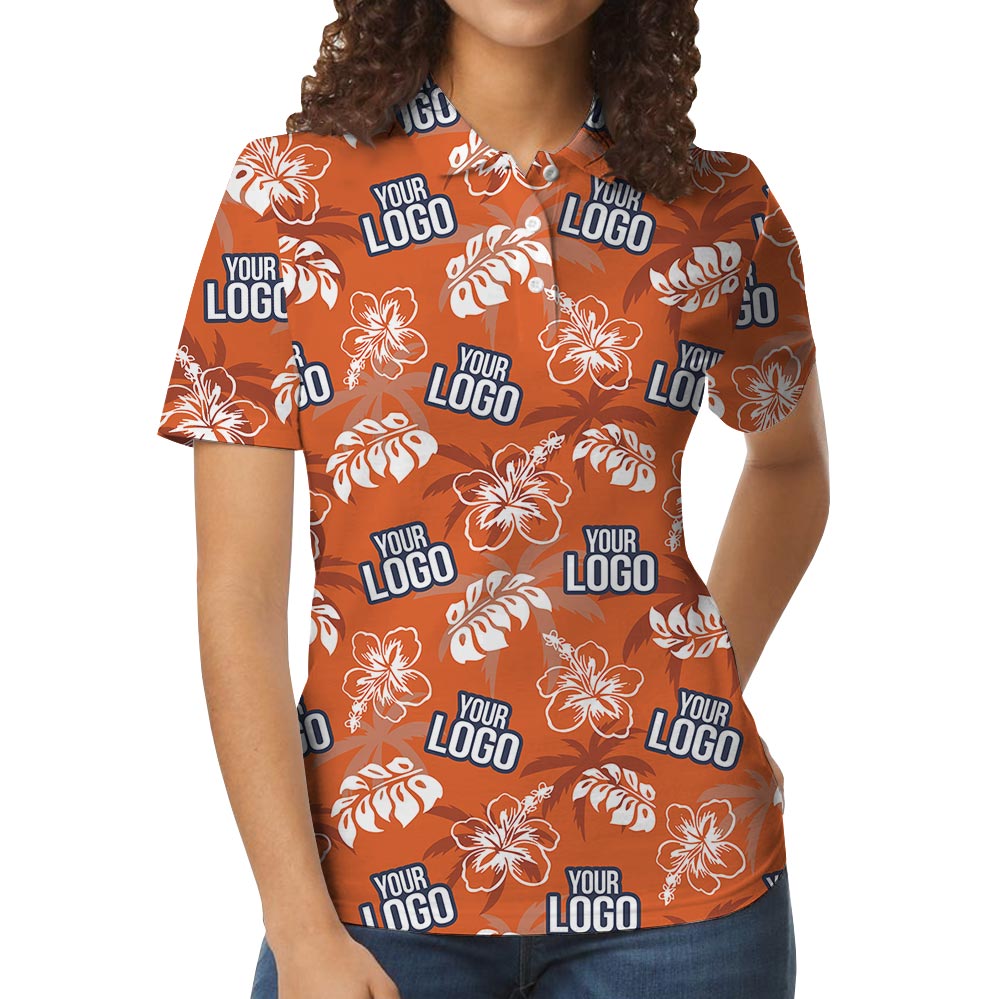Orange Custom Logo Tropical Aloha Polo Golf Shirt