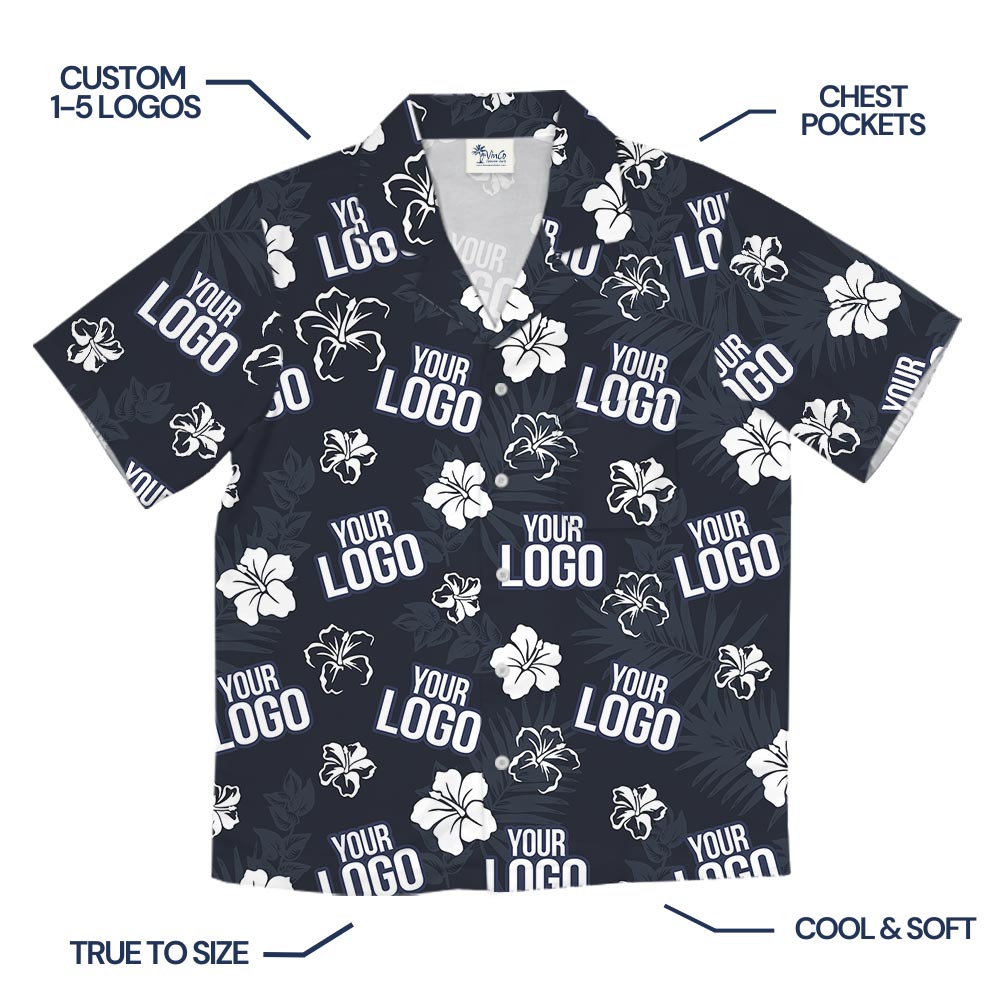 Personalized Team Logo Floral Navy Hawaiian Shirt