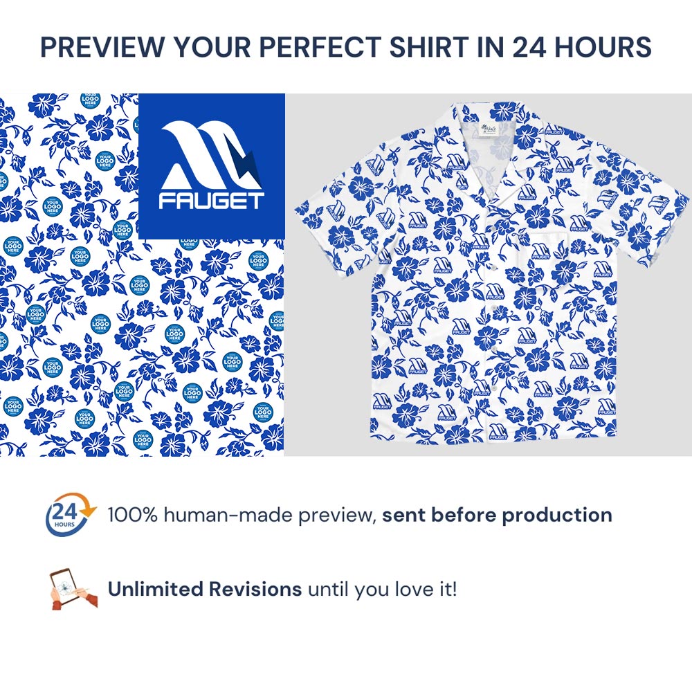 White And Blue Hibiscus Logo Hawaiian Shirt With Preview