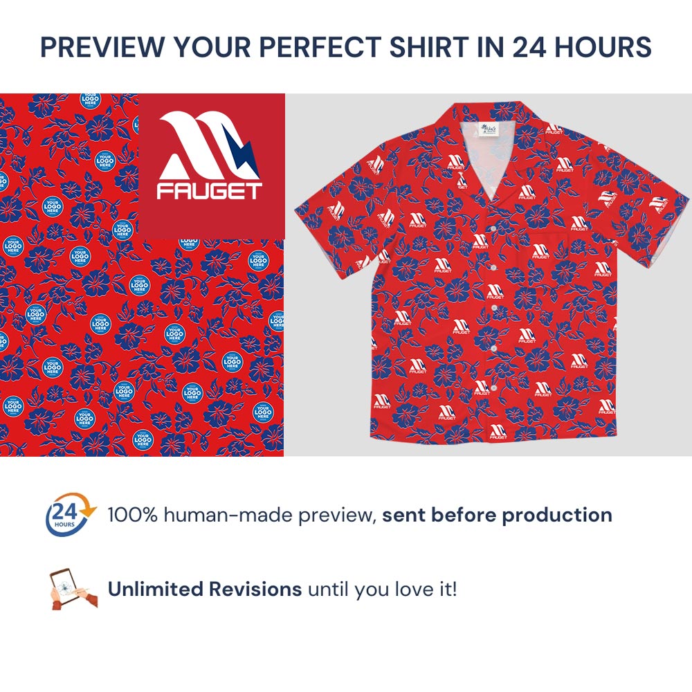 Navy Red Floral Hawaiian Shirt With Customized Logo