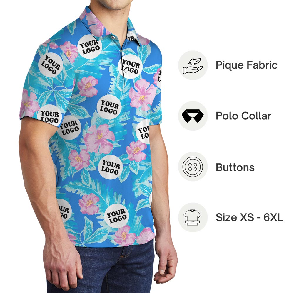 Custom Hibiscus Blue Hawaiian Polo With Your Logo