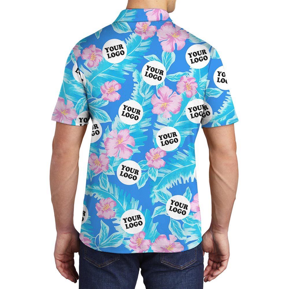Custom Hibiscus Blue Hawaiian Polo With Your Logo