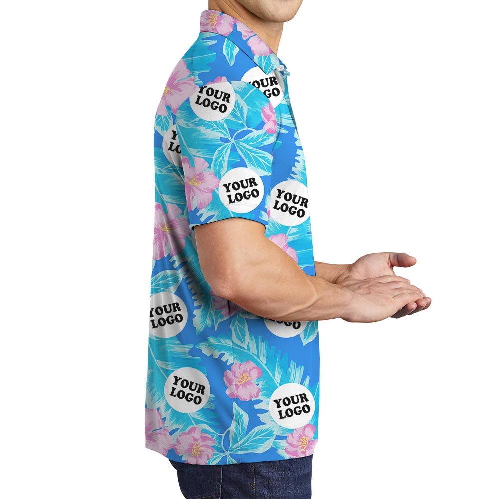 Custom Hibiscus Blue Hawaiian Polo With Your Logo