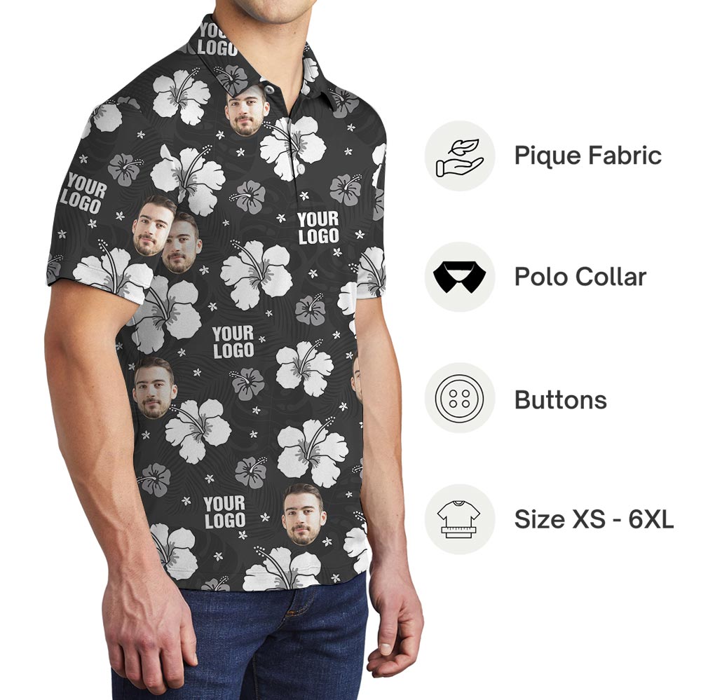 Custom Logo Black Hibiscus Hawaiian Polo Shirt For Men Women