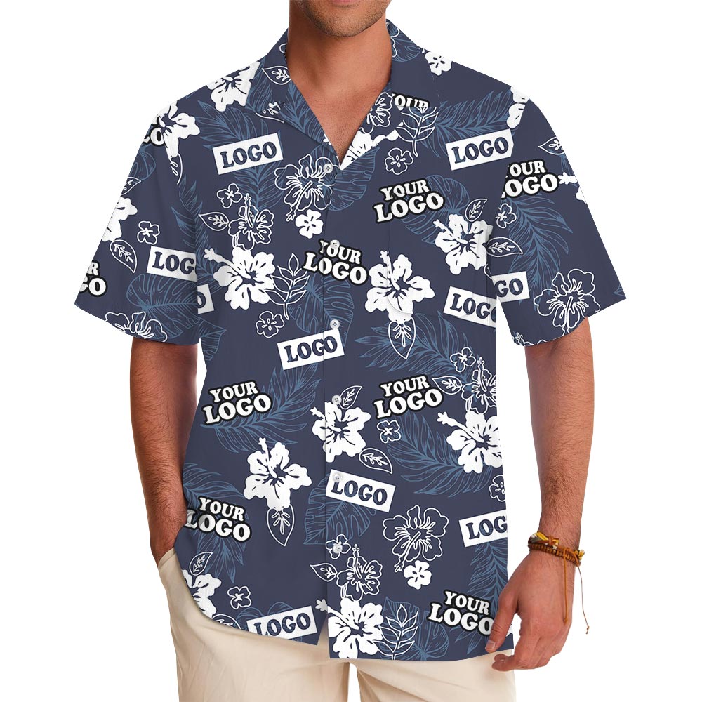 Custom Company Logo Navy Floral Aloha Shirt - variant image 1