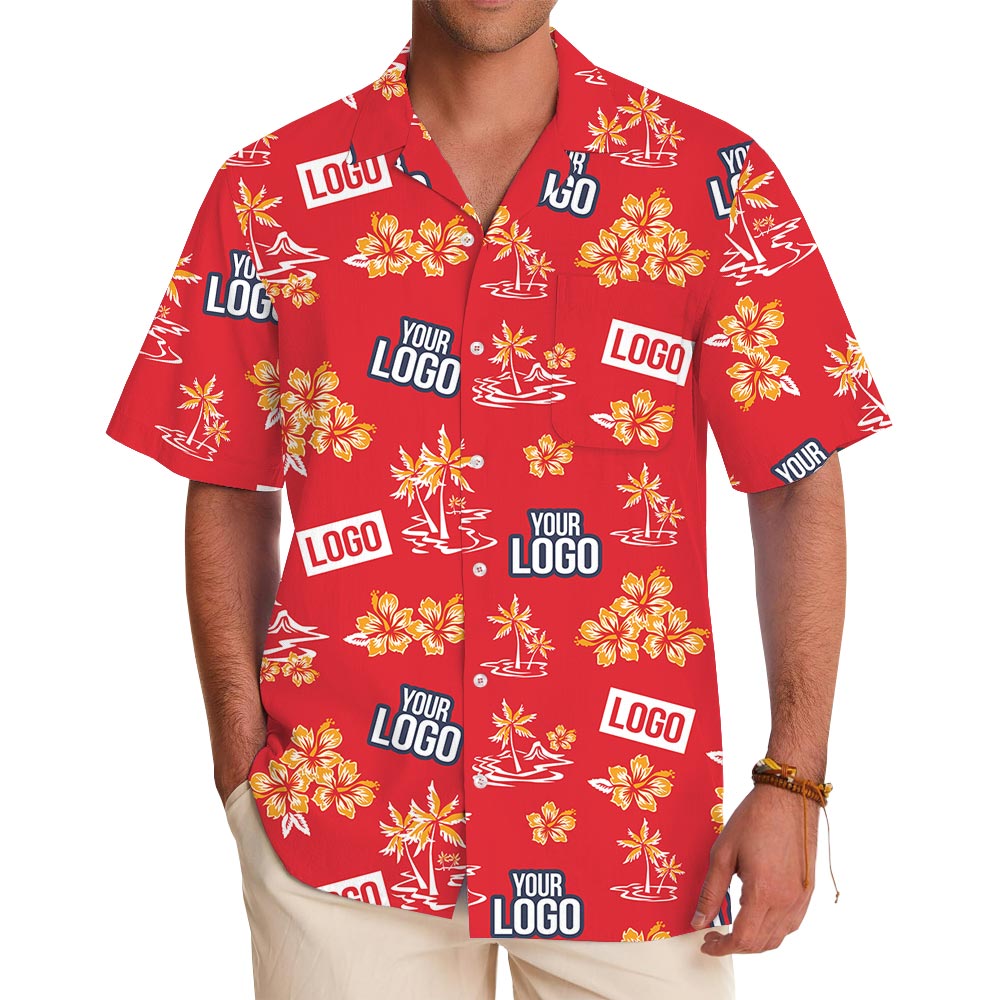 Custom Logo Red Tropical Button Shirt With Pocket - variant image 1