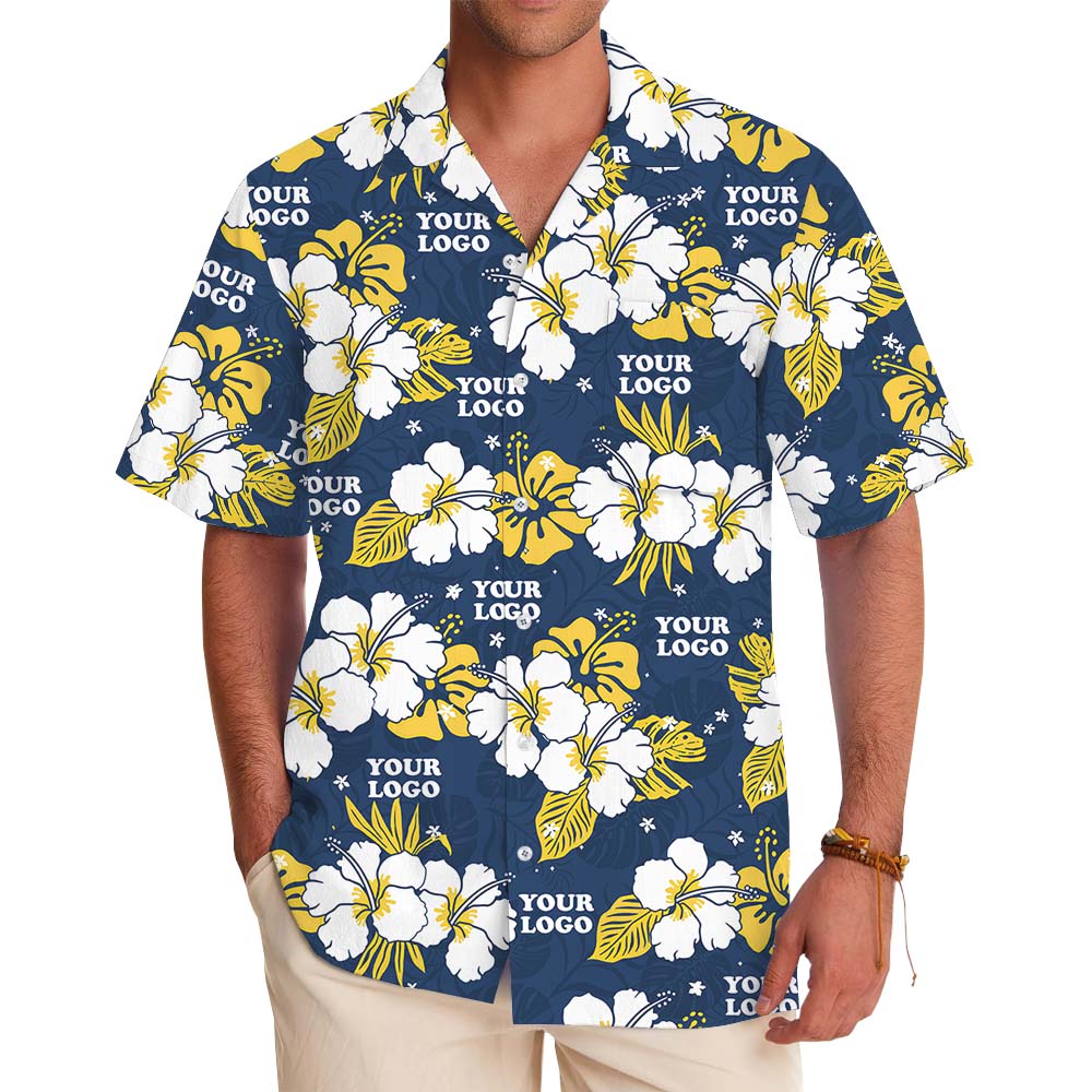 Blue And Yellow Custom Logo Hawaiian Shirt With Floral Theme - variant image 1