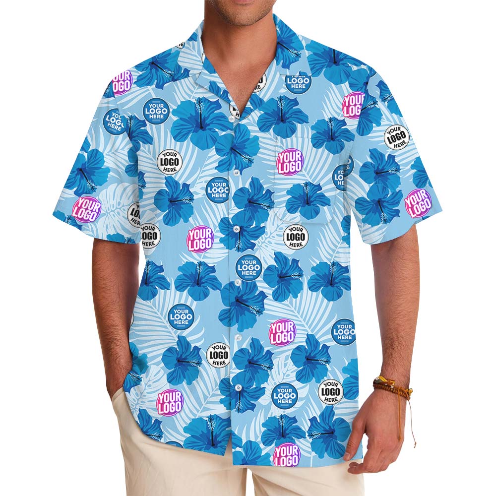 Custom Logo Blue Hibiscus Hawaiian Shirt With Preview - variant image 1