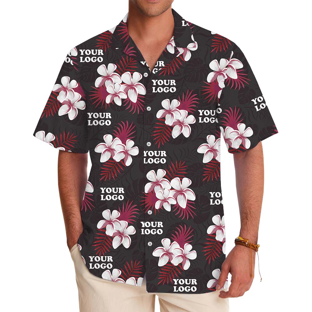 Black And Red Floral Button Up Shirt With Logo On Them - variant image 1