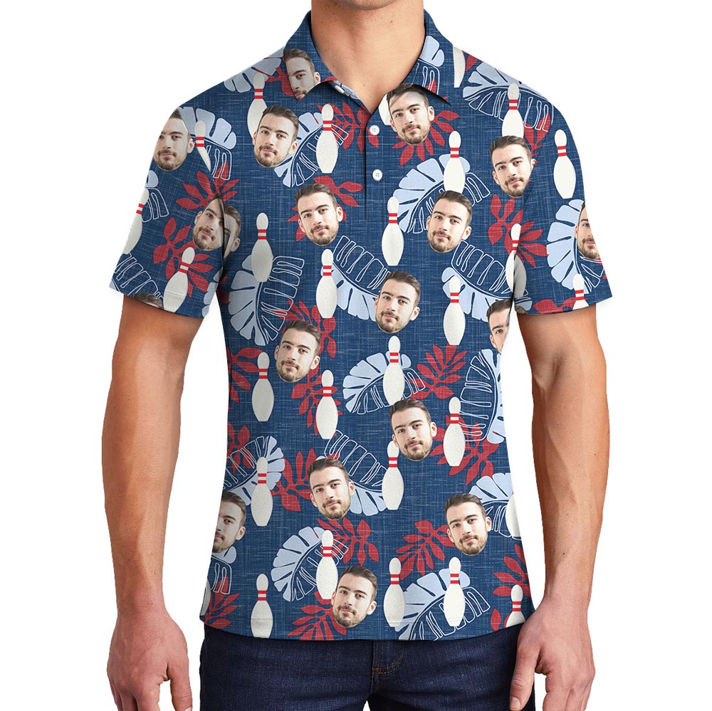 Blue Tropical Custom Bowling Hawaiian Polo With Face - variant image 1