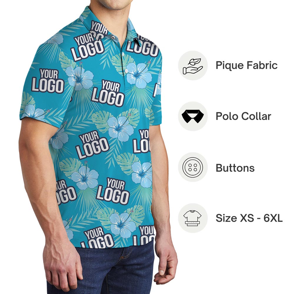 Custom Team Logo Blue Aloha Golf Shirt