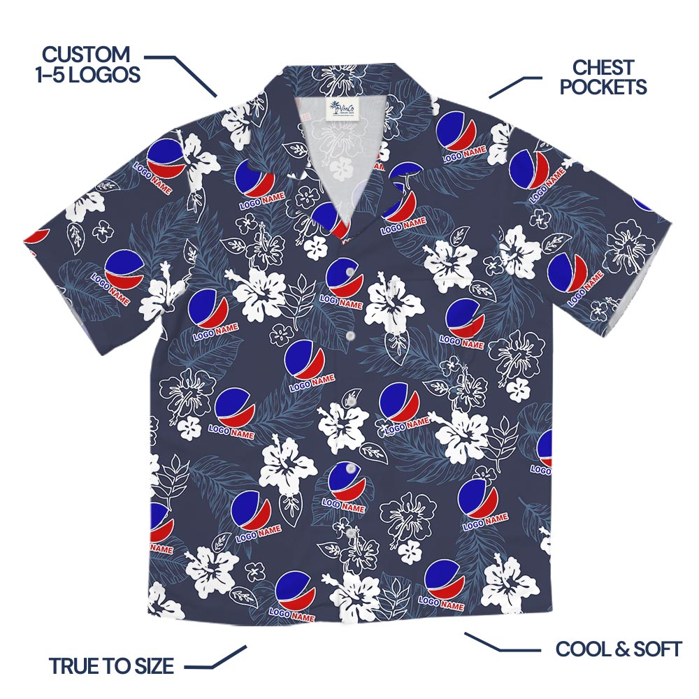 Custom Company Logo Navy Floral Aloha Shirt