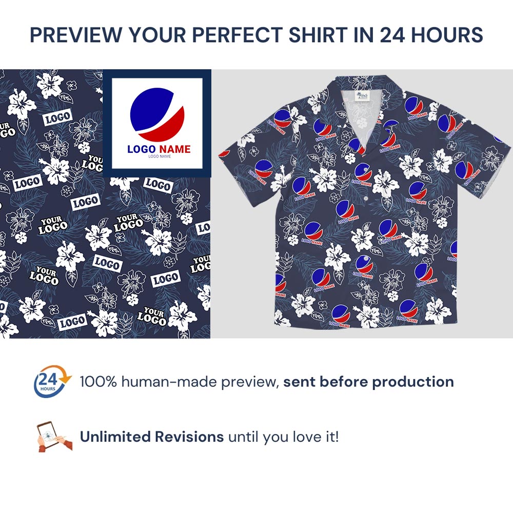 Custom Company Logo Navy Floral Aloha Shirt
