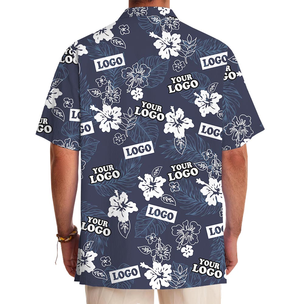 Custom Company Logo Navy Floral Aloha Shirt