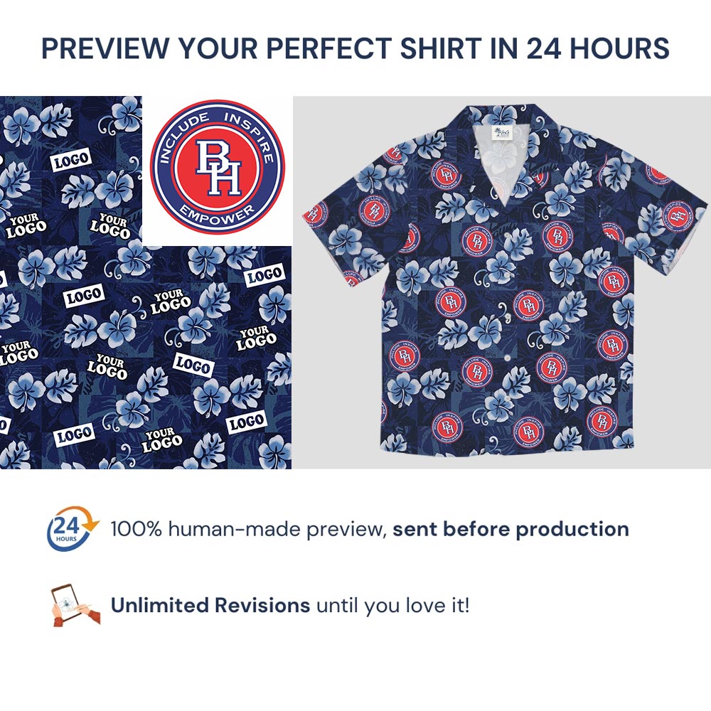 Custom Company Logo Navy Hawaiian Shirt With Pockets