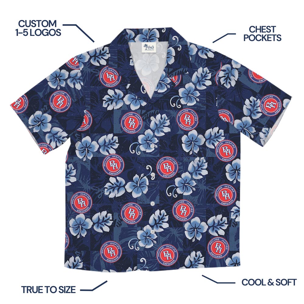 Custom Company Logo Navy Hawaiian Shirt With Pockets