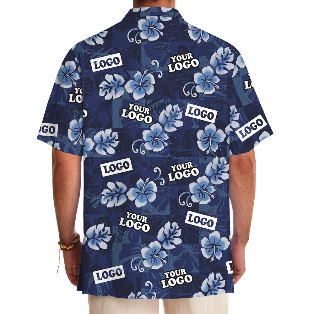 Custom Company Logo Navy Hawaiian Shirt With Pockets
