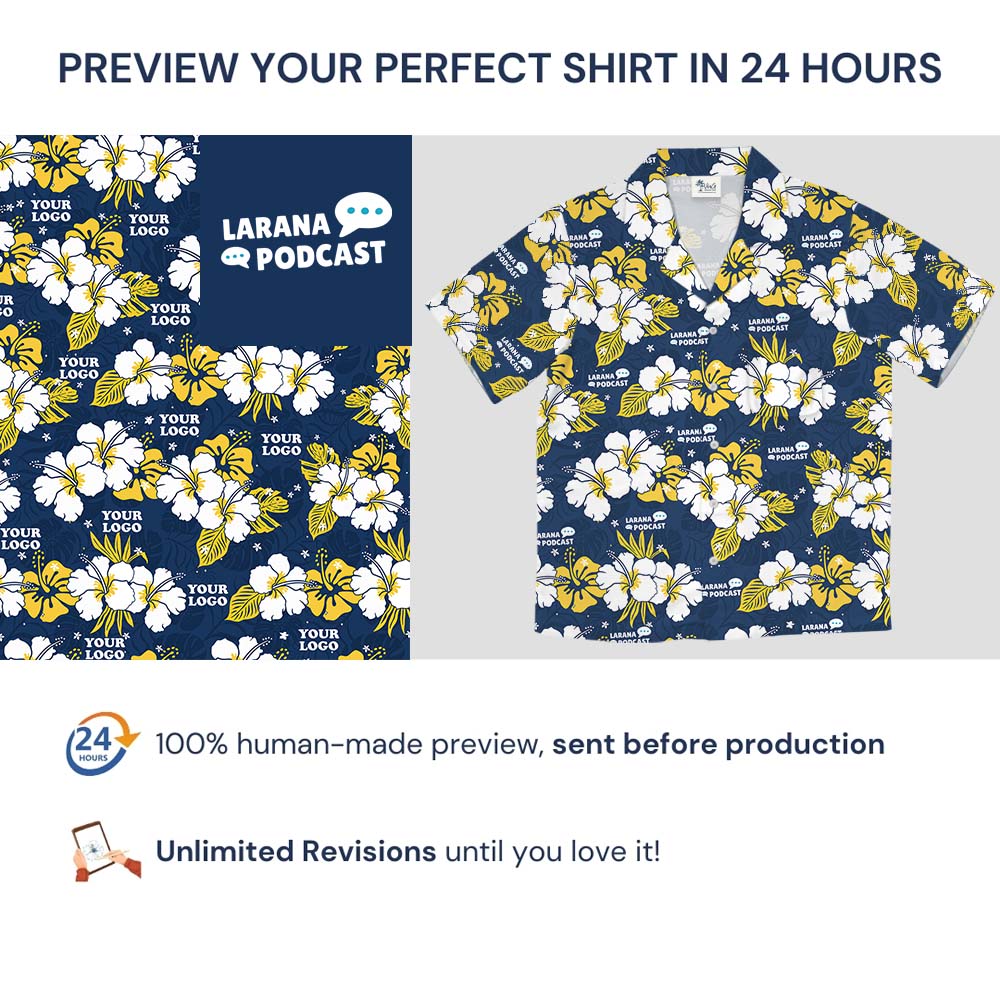 Blue And Yellow Custom Logo Hawaiian Shirt With Floral Theme