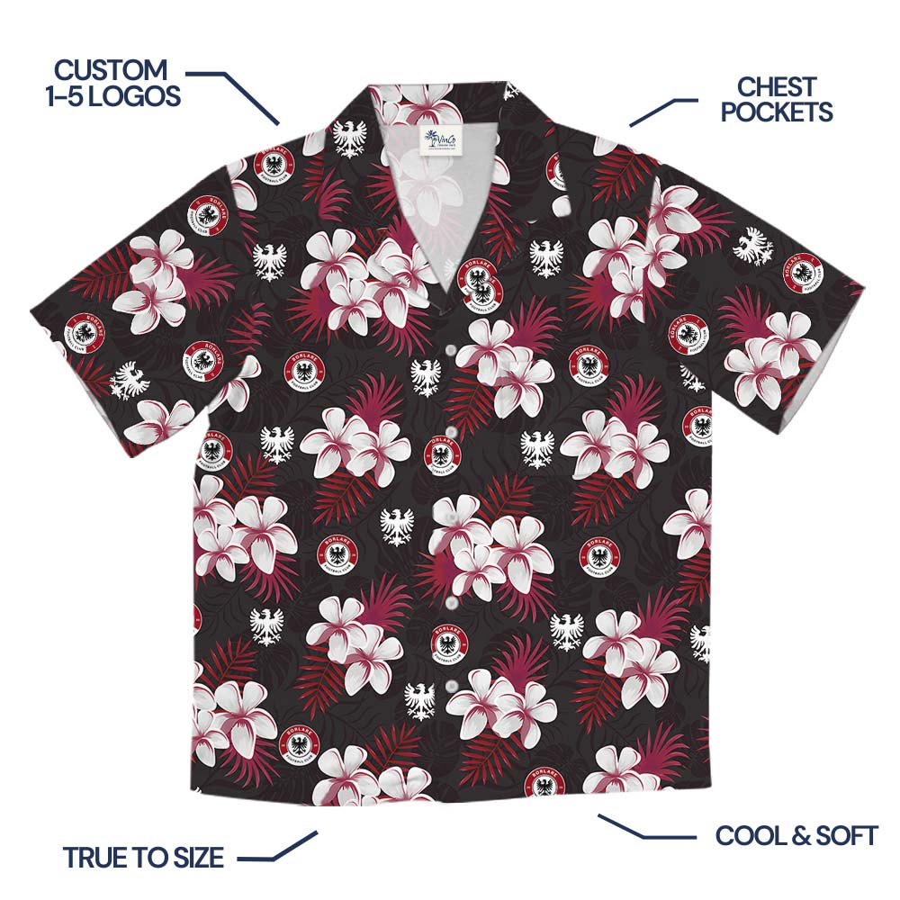 Black And Red Floral Button Up Shirt With Logo On Them