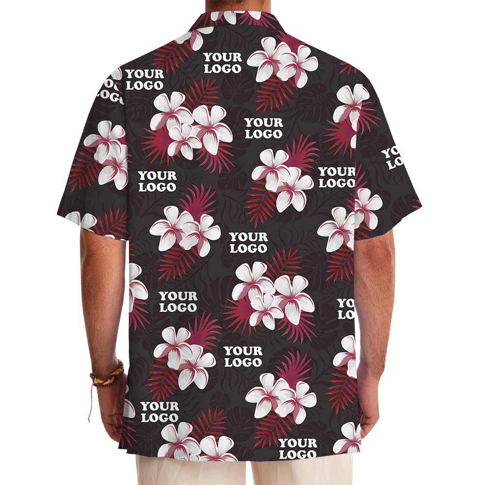 Black And Red Floral Button Up Shirt With Logo On Them