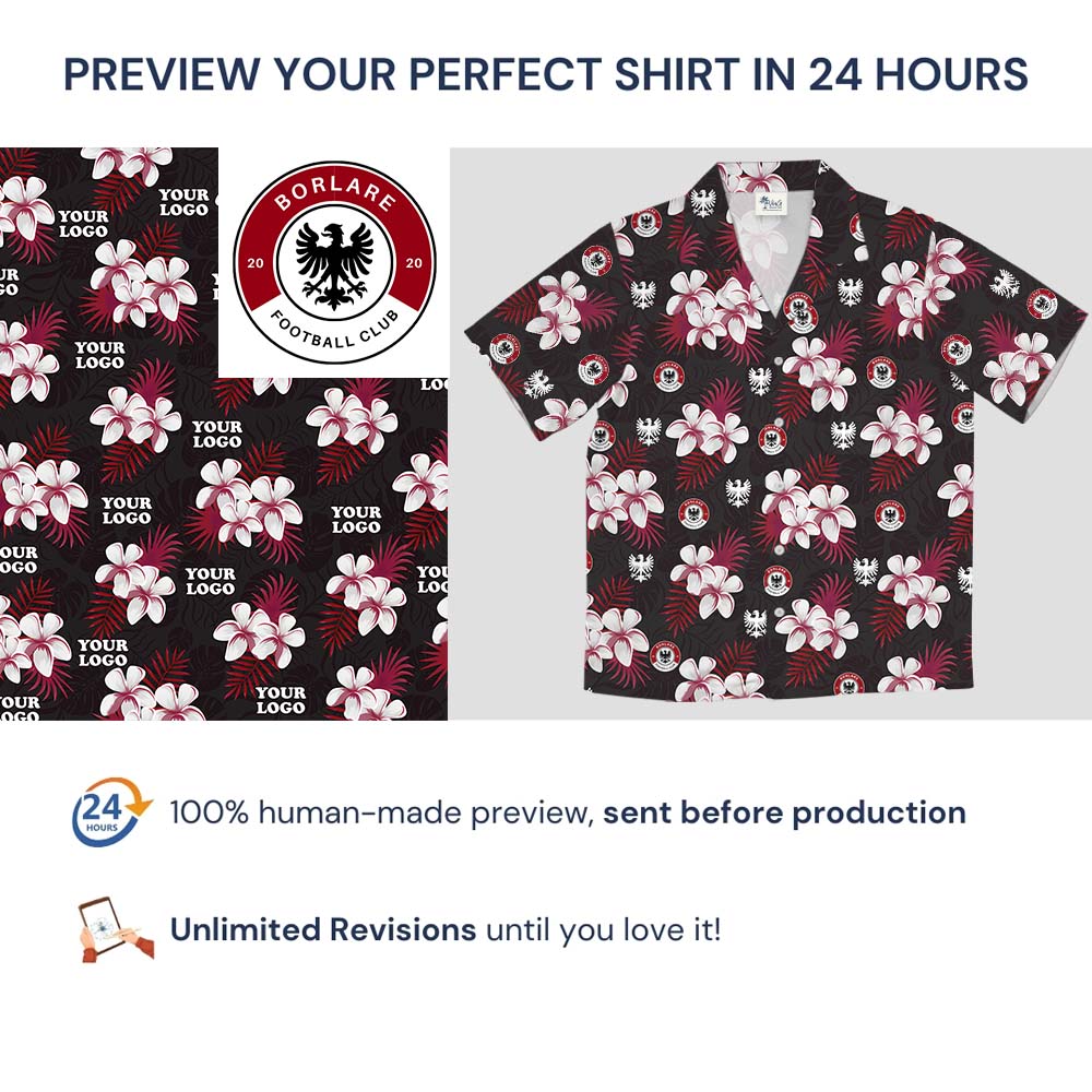 Black And Red Floral Button Up Shirt With Logo On Them