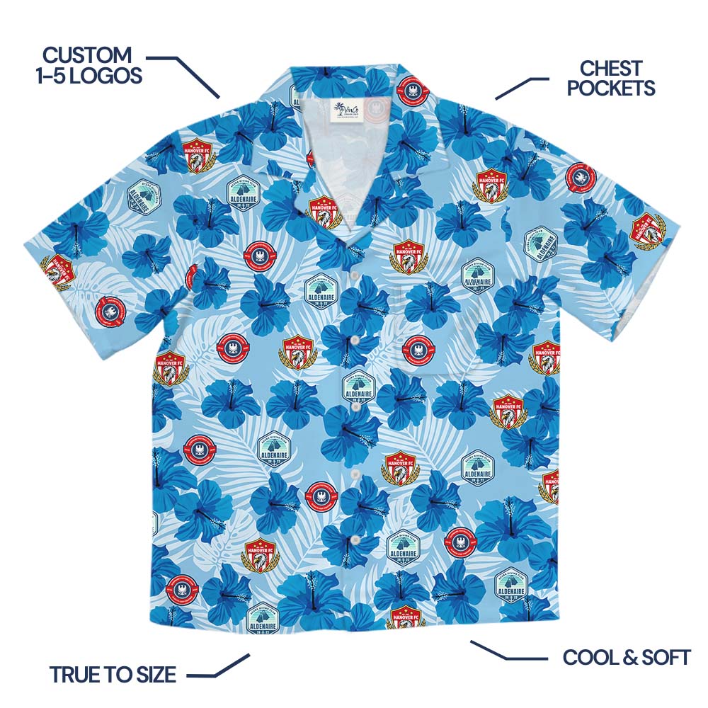 Custom Logo Blue Hibiscus Hawaiian Shirt With Preview