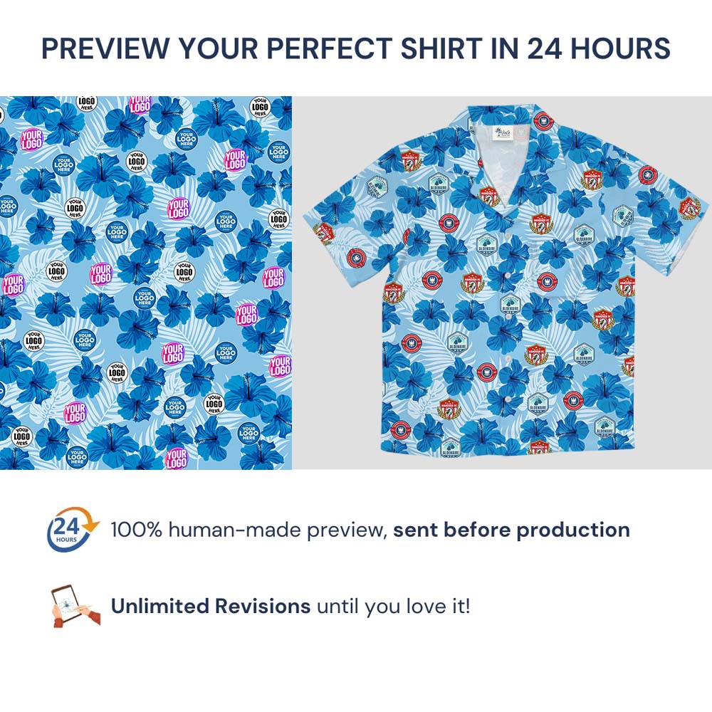 Custom Logo Blue Hibiscus Hawaiian Shirt With Preview