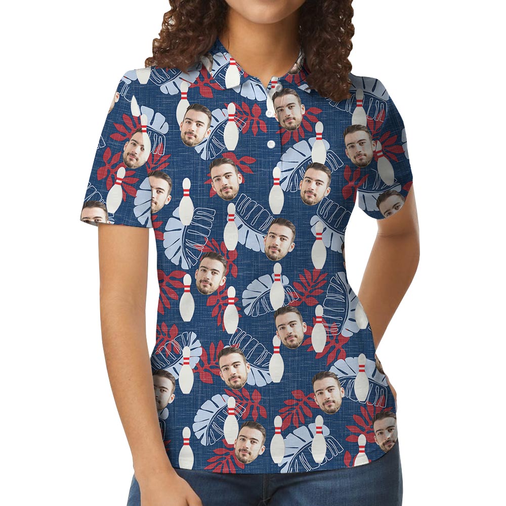 Blue Tropical Custom Bowling Hawaiian Polo With Face