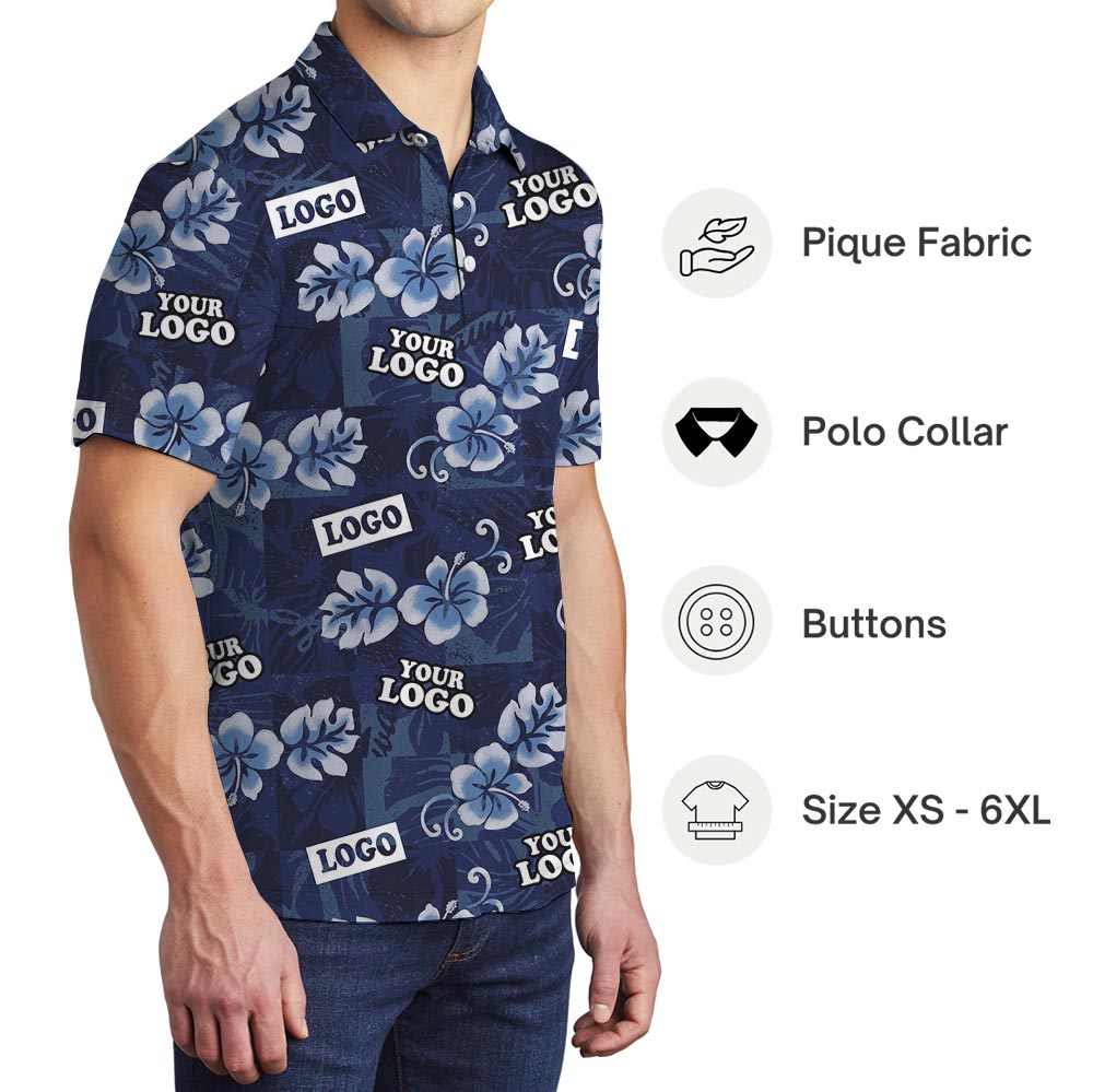 Vintage Navy Hibiscus Custom Logo Polo Shirt For Company