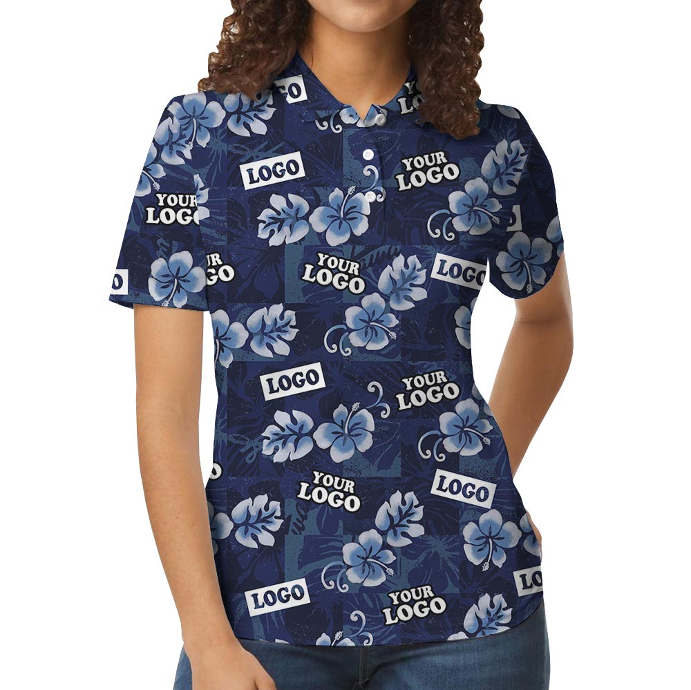 Vintage Navy Hibiscus Custom Logo Polo Shirt For Company