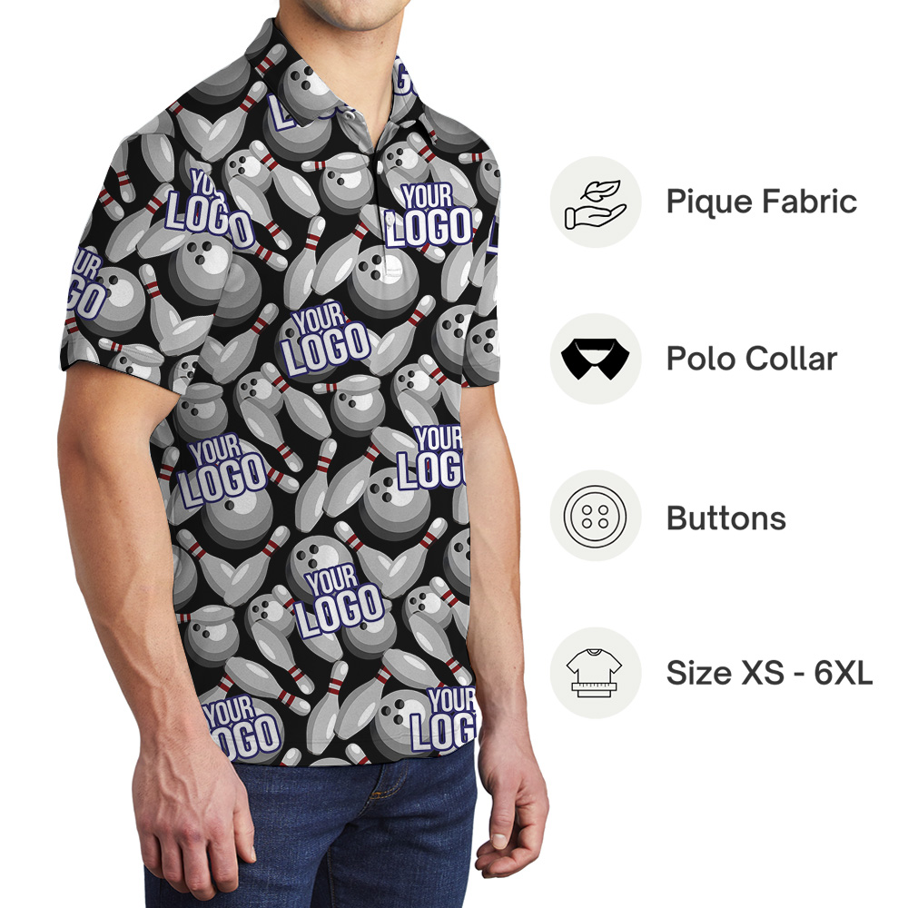 Black Custom Bowling Team Logo Collared Polo Shirt
