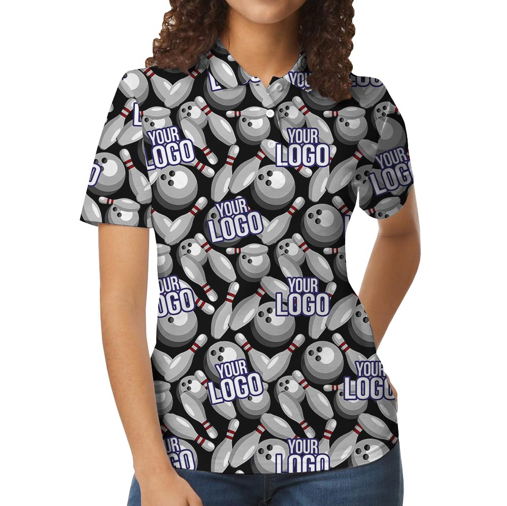 Black Custom Bowling Team Logo Collared Polo Shirt