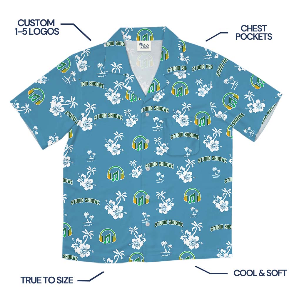 Island Vibe Blue Hawaiian Shirt With Multiple Logos