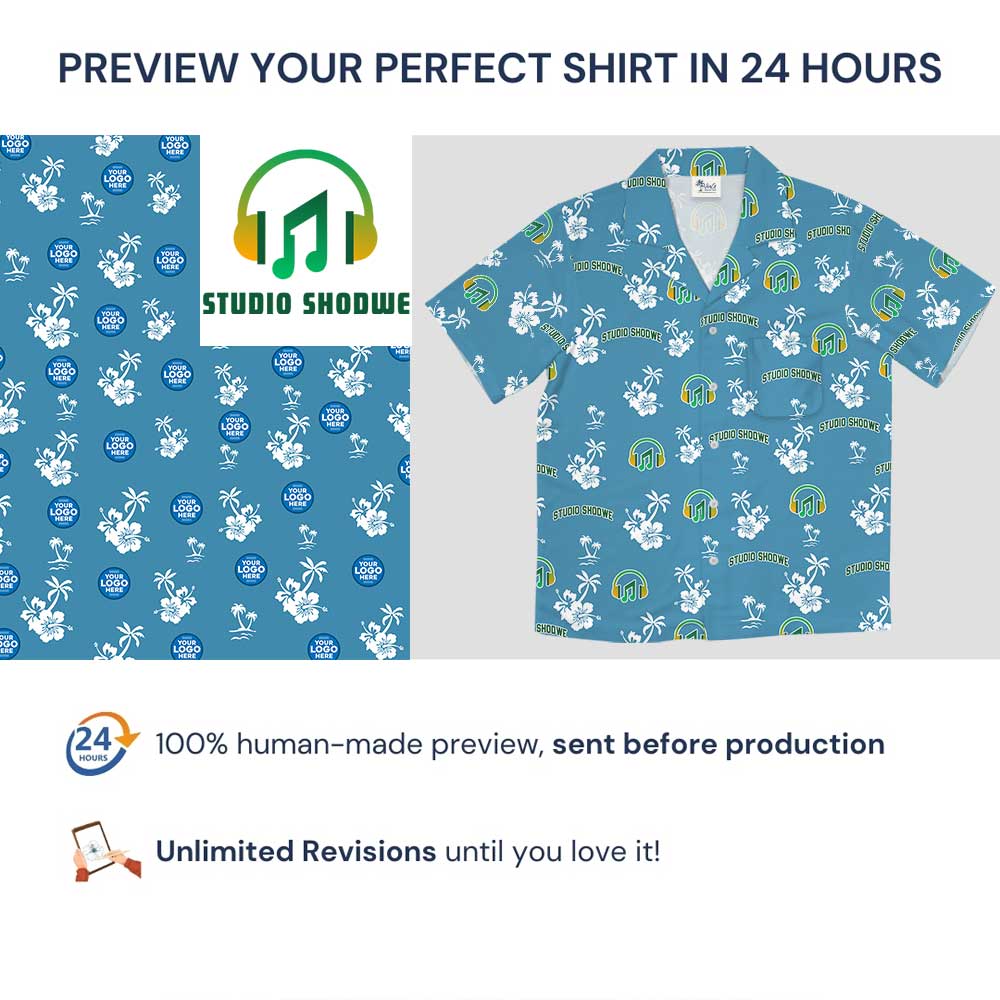 Island Vibe Blue Hawaiian Shirt With Multiple Logos