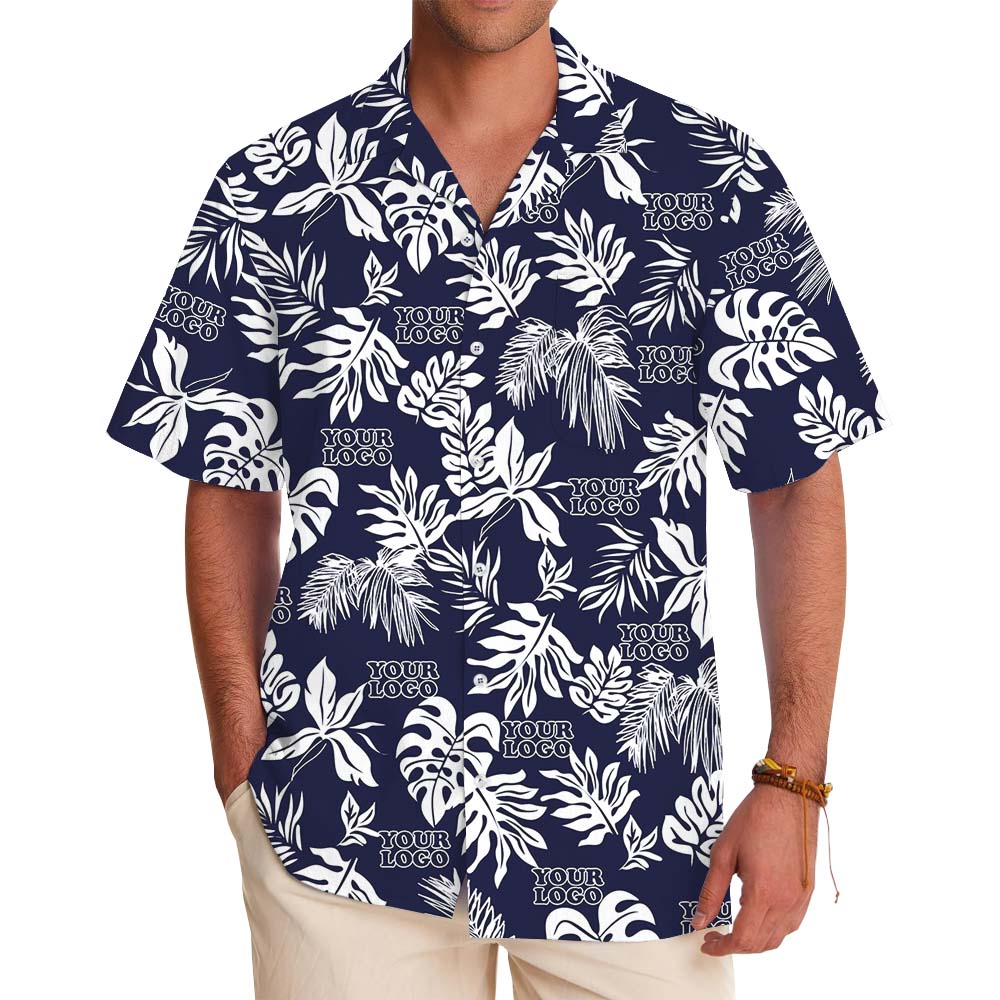 Custom Logo Black Hawaiian Shirt With Tropical Leaf Print - variant image 1