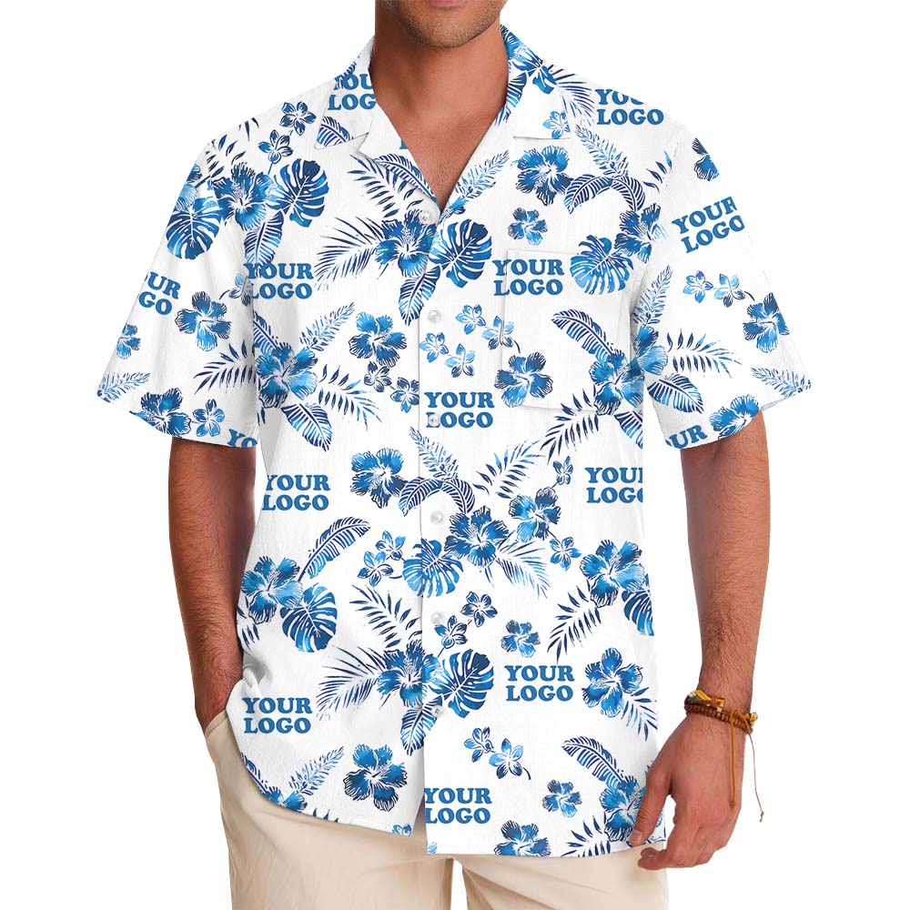 White And Blue Custom Logo Hawaiian Shirt With Preview - variant image 1