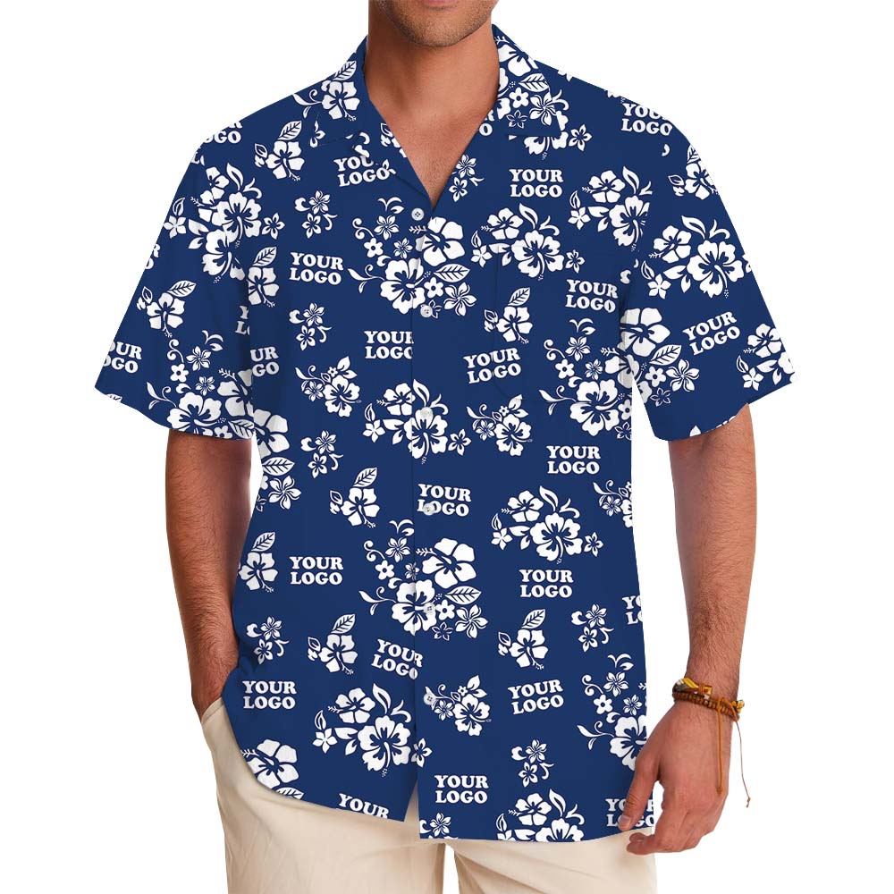 Blue Floral Hawaiian Button Up Shirt With Custom Logo - variant image 1