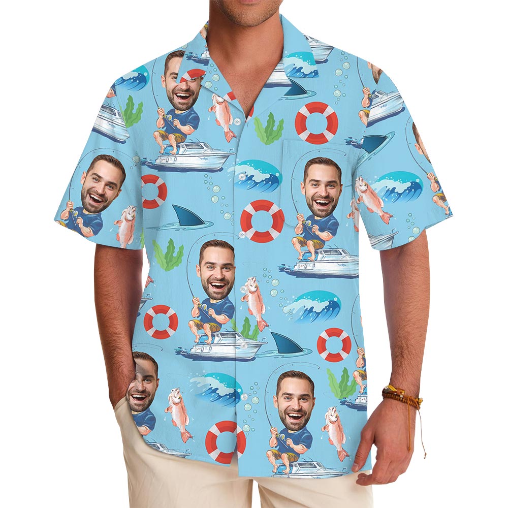 Blue Custom Face Fishing Men's Hawaiian Shirt - variant image 1
