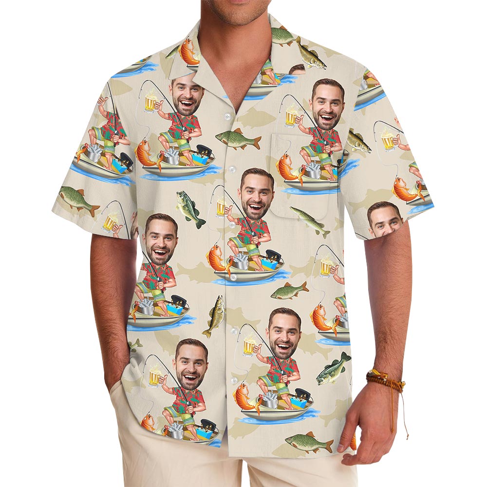 Funny Custom Face Fisherman Button Up Hawaiian Shirt - variant image 1