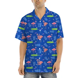 Flamingo Playing Golf Blue Hawaiian Button Shirt
