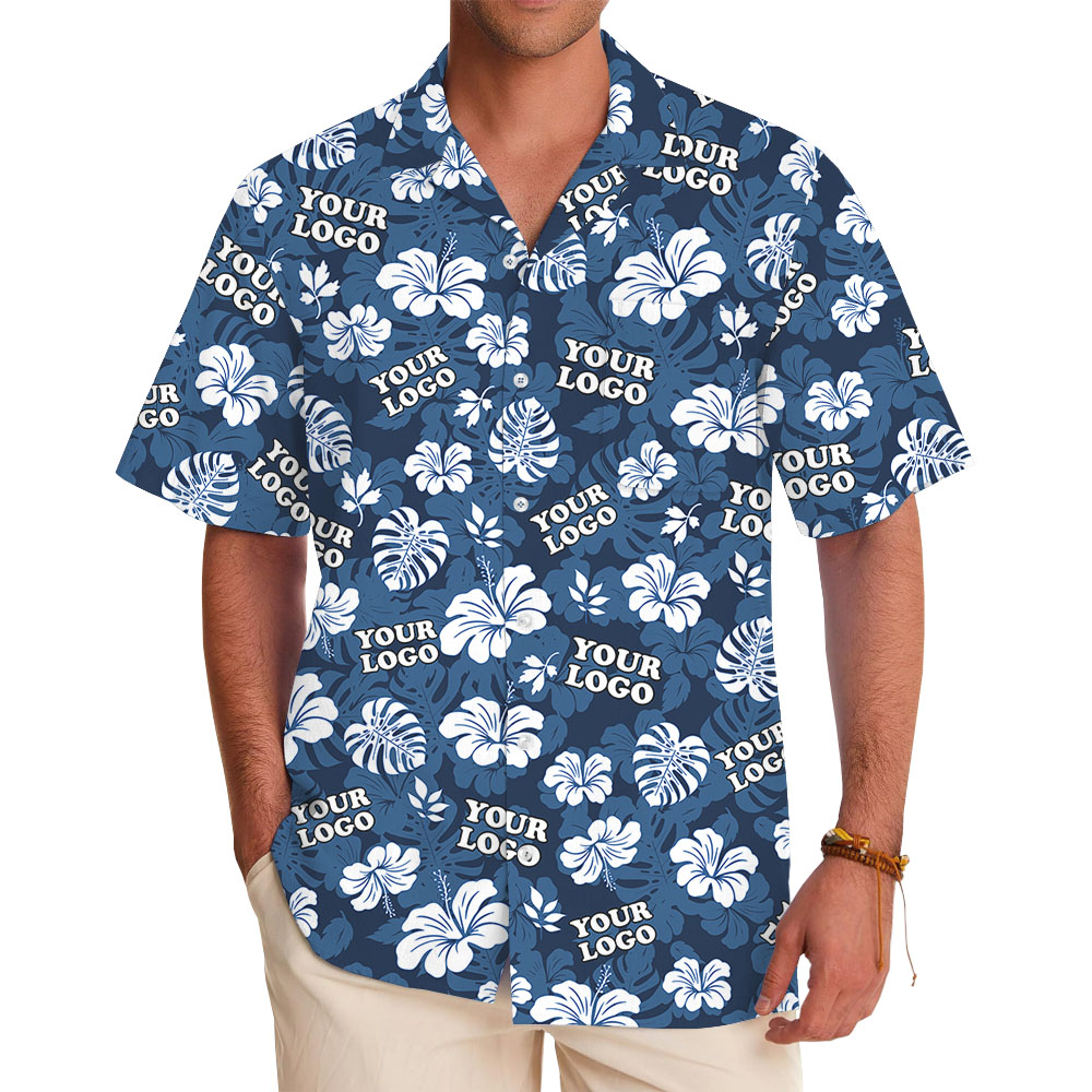 Custom Logo Blue Hawaiian Shirt With Floral Print - variant image 1