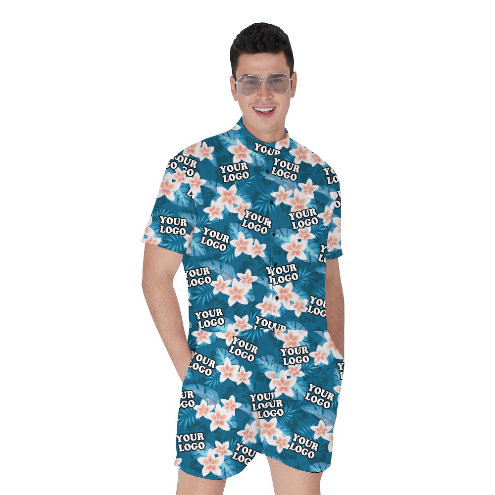 Blue Floral Men's Matching Romper With Logo For Team - variant image 1